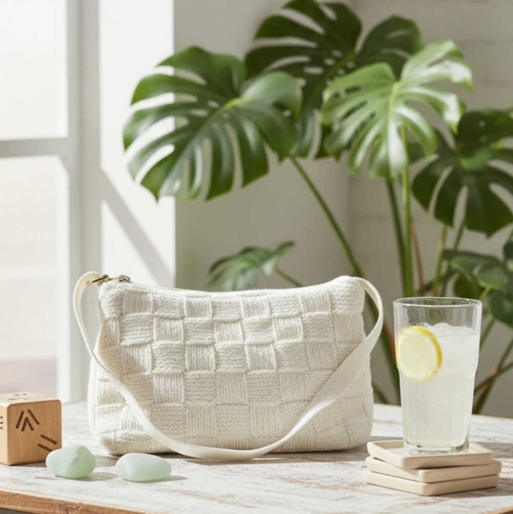 Cozy Checkerboard Knit Shoulder Bag - Chic Ivory Woven Texture